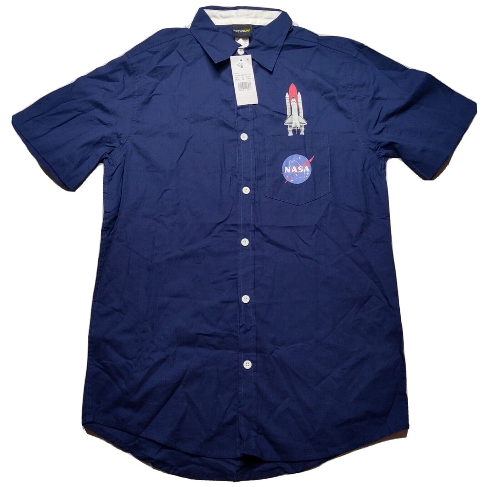 NASA X FIFTH SUN Men Small Blue Space Shuttle Short Sleeve‎ Button-Up Shirt NEW